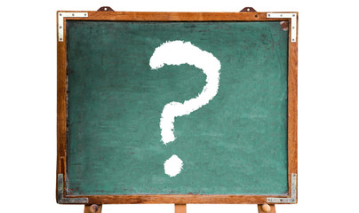 Fototapete - Question mark white sign drawing on a green old grungy vintage wooden chalkboard or blackboard with frame and stand isolated on white background.
