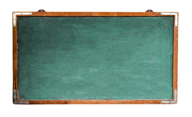 Fototapete - Green old grungy vintage wooden empty wide chalkboard or retro blackboard with weathered frame and isolated on seamless white background. Concept for education with empty space for text.