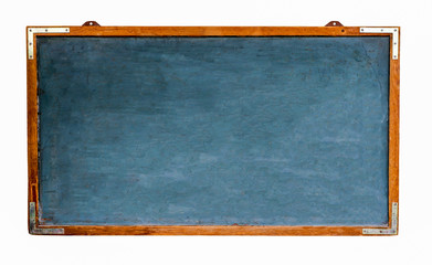 Fototapete - Blue old grungy vintage wooden empty wide chalkboard or retro blackboard with weathered frame and isolated on seamless white background. Concept for education with empty space for text.