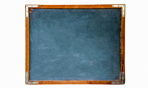 Blue old grungy vintage wooden empty school chalkboard or retro blackboard with weathered frame isolated on seamless white background. Concept for education with empty space for text message.