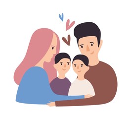 Poster - Portrait of loving family. Happy father, mother and pair of kids cuddling. Cute parents and children hugging. Funny cheerful cartoon characters. Colored vector illustration in modern flat style.