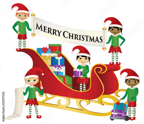 Merry Christmas - Santa's elves loading sleigh with gifts Stock Vector ...