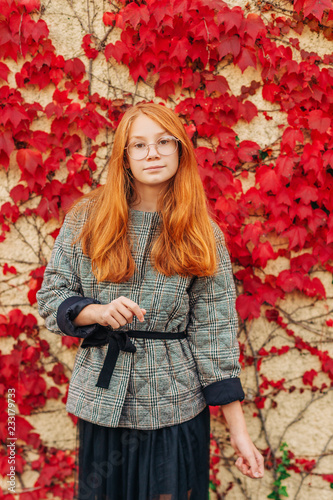 Autumn Portrait Of Adorable Red Haired Preteen Girl Girl Check