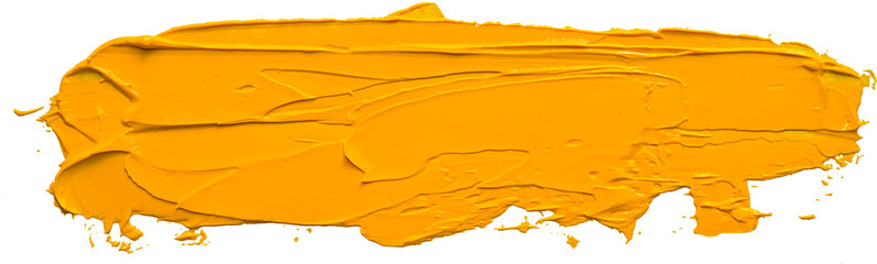 Textured yellow oil paint long brush stroke, convex with shadows, isolated on transparent background. EPS 10 vector illustration.