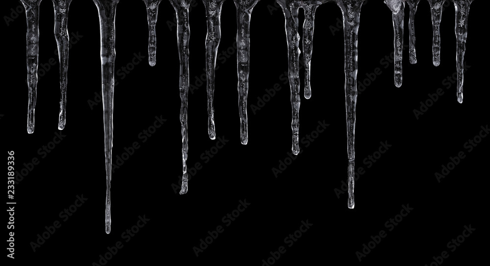Close up of icicles isolated on black background - obrazy, fototapety, plakaty 