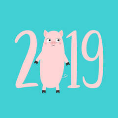 2019 pink text. Cute pig. Piggy piglet. Happy New Year Chinise symbol. Cartoon funny kawaii baby character. Flat design. White background. Isolated.