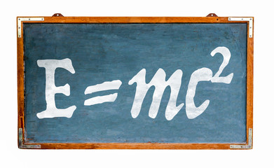 Fototapete - Relativity theory E=mc2 equation mass energy equivalence on blue old grungy vintage wide wooden chalkboard retro blackboard with weathered frame isolated on seamless white background.