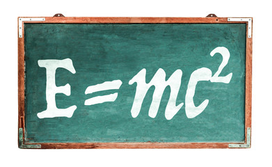 Fototapete - Einstein´s relativity theory E=mc2 equation mass energy equivalence on green old grungy vintage wide wooden chalkboard retro blackboard with weathered frame isolated on seamless white background.