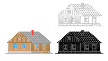 Rural house from processed logs. Angle connections with square logs. Vector illustration. White , black , color  silhouette.