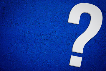 Fototapete - Question mark symbol in minimalist white grey color 3D isolated on simple  dark blue background diagonally and with large empty copy space for text. Concept for FAQ and Q&A.