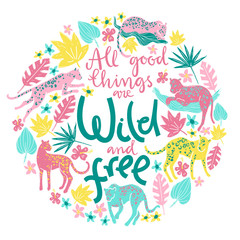  Vector poster with jaguars, tropic plants and hand letterin quot