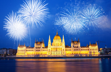 Sticker - fireworks around Hungarian parliament-  New Year destination, Budapest