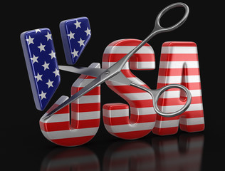 Poster - Scissors and text USA with flag. Image with clipping path