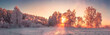 Panorama of winter nature landscape at sunrise. Christmas background