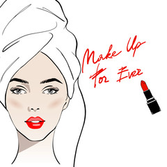 Wall Mural - Beautiful young woman face with towel. Hand drawn beautiful woman portrait. Make up forever text with lipstick. Woman with elegant makeup. Beauty Fashion Sketch. Vector illustration beauty concept