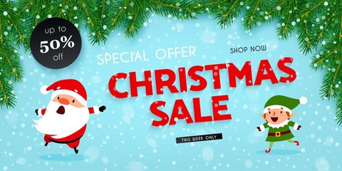 Wall Mural - Christmas sale, banner with Santa Claus, elf, snow, christmas tree, Vector llustration