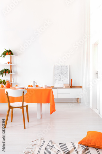 Fényképezés Long table with orange cloth, plates and fruits standing in white living room in