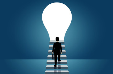 businessmen walk up the stair to the door light bulb. step up the ladder to success goal in life and