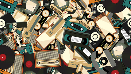 Poster - Texture, seamless pattern of old retro hipster electronics, mobile phones, tv recorder, player, audio tape, video recorder, game console, camera, computer. The background.  illustration