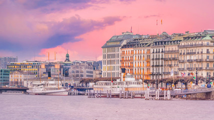 Geneva skyline in Switzerland at twilight