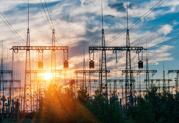 Wall Mural - high-voltage power lines. electricity distribution station. high voltage electric transmission tower
