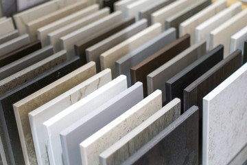 Close up of stone kitchen countertop samples