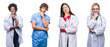 © Krakenimages.com - Collage of group of doctor, nurse, surgeon people over isolated background looking confident at the camera with smile with crossed arms and hand raised on chin. Thinking positive.