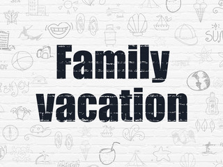 Wall Mural - Tourism concept: Painted black text Family Vacation on White Brick wall background with  Hand Drawn Vacation Icons