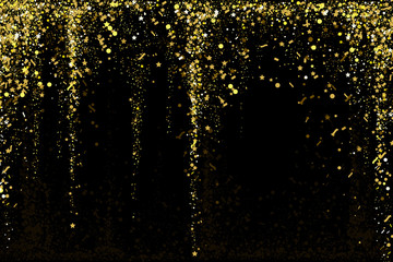 Wall Mural - Gold glitter confetti texture on a black background. Golden explosion of confetti. Golden grainy dust abstract texture on a black background. Christmas background design element. Vector illustration.