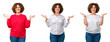 © Krakenimages.com - Collage of middle age senior woman over white isolated background Smiling showing both hands open palms, presenting and advertising comparison and balance
