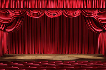 Wall Mural - empty theater stage with red velvet curtains. 3d illustration