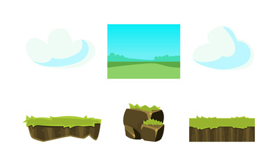 Poster - Elements of nature summer landscape, ground, grass, sky, clouds, user interface assets for mobile apps or video games vector Illustration