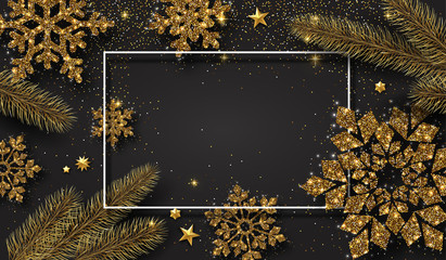 Wall Mural - Christmas and New Year shiny poster with golden snowflakes and fir branches.