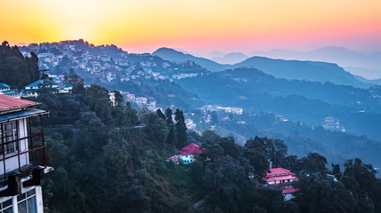 winter line  in mussoorie India. peaceful scenic beauty of hills.  before sunrise