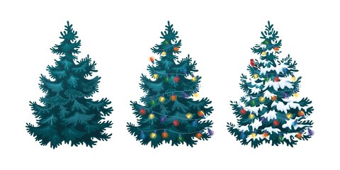 vector illustration of decorated christmas tree in snow on white background. blue fluffy christmas p