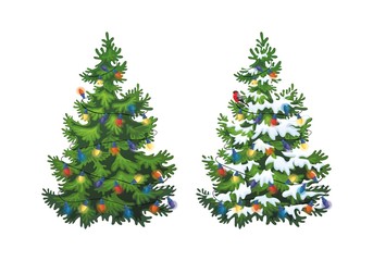 vector illustration of decorated christmas tree in snow on white background. green fluffy christmas 