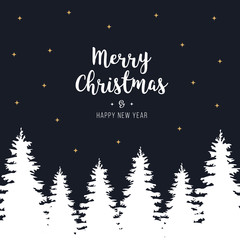 Poster - Merry christmas greetings trees silhouette stars night background