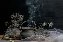 Magic Pot With Herbs And Witchcraft