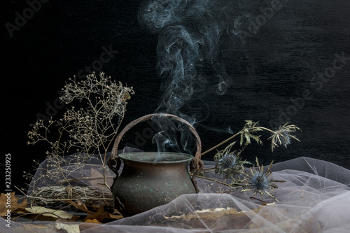 Cuadros en Lienzo Magic pot with herbs and witchcraft