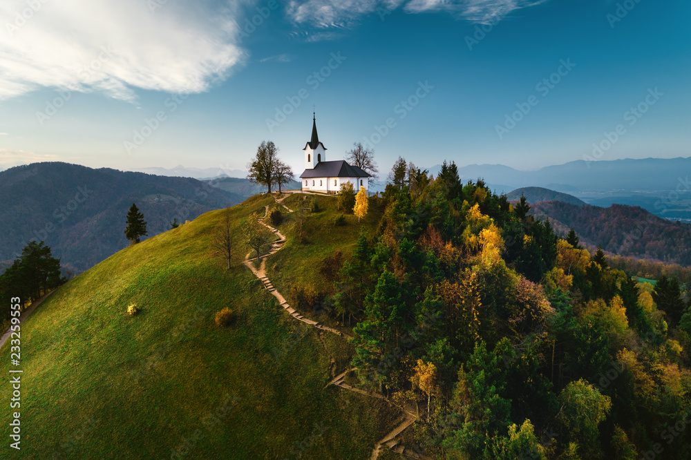 Obraz na płótnie St. Jacob church near Medvode, aerial drone view. Sv. Jakob - Slovenia w salonie