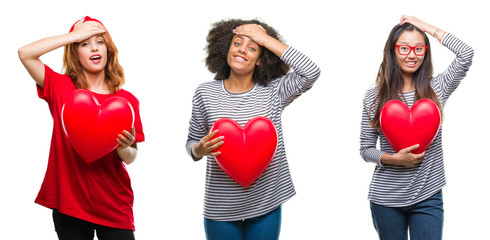 Sticker - Collage of young women holding red heart over isolated background stressed with hand on head, shocked with shame and surprise face, angry and frustrated. Fear and upset for mistake.