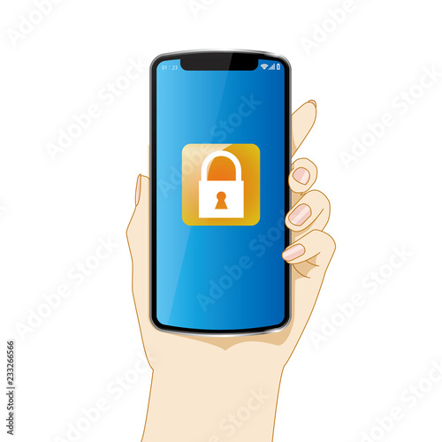 スマホを持つ左手のイラスト 鍵のアイコン セキュリティーのイメージ 白背景 Hand With Smartphone Stock Illustration Adobe Stock