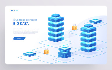Poster - slide, hero page or digital technology banner. big data business concept. isometric illustration