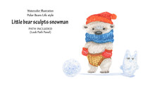 Little Bear Sculpts Snowman, Close-up Illustration