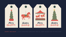 Set Of Creative Gift Tags With Drawing Elements For Christmas And New Year Holiday. Decorative Vector Image Of Horse, Carousel, Christmas Tree To Decorate Gifts. Vector Design Of Seasonal Badge.