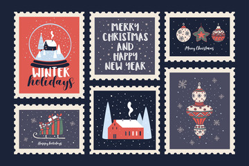 Wall Mural - Set of postage stamps dedicated to the Christmas holidays and the New Year. Decorative holiday compositions and symbols of Christmas. Festive seasonal vector illustration.