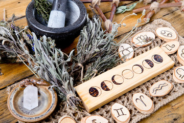 moon phases and astrological symbols with herb witch mortar and pestle