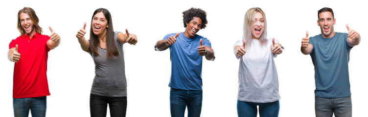 Composition of african american, hispanic and caucasian group of people over isolated white background approving doing positive gesture with hand, thumbs up smiling and happy for success