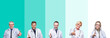 © Krakenimages.com - Collage of group of doctor people wearing stethoscope over colorful isolated background smiling friendly offering handshake as greeting and welcoming. Successful business.