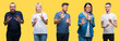 Collage of group people, women and men over colorful yellow isolated background disgusted expression, displeased and fearful doing disgust face because aversion reaction. With hands raised